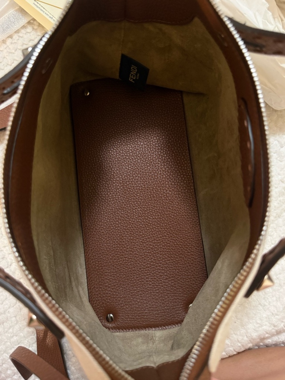 Fendi Beige and Brown Leather Satchel with Adjustable Strap - Picture 7 of 9